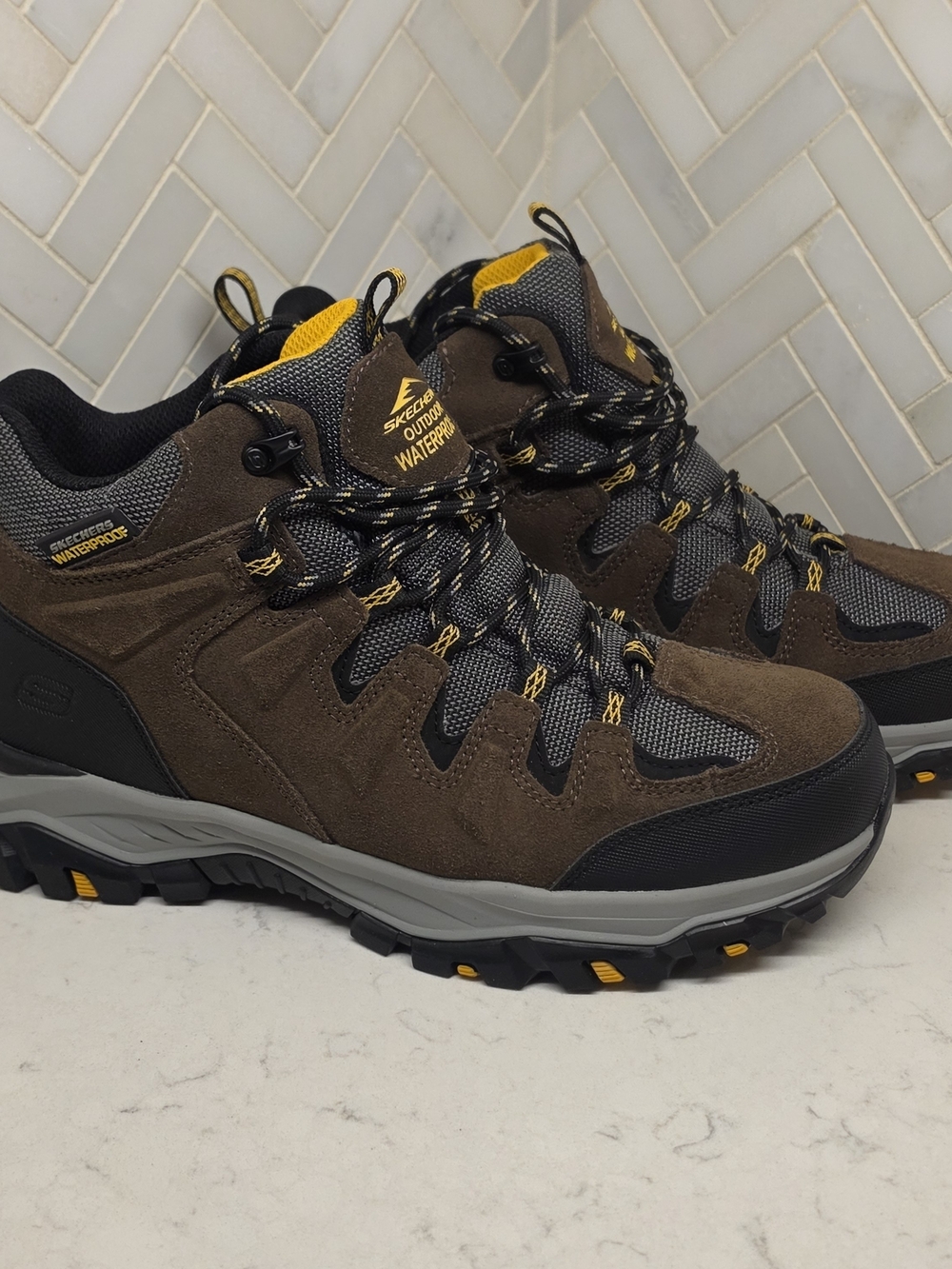 Skechers Waterproof Brown Hiking Shoes with Yellow Accents